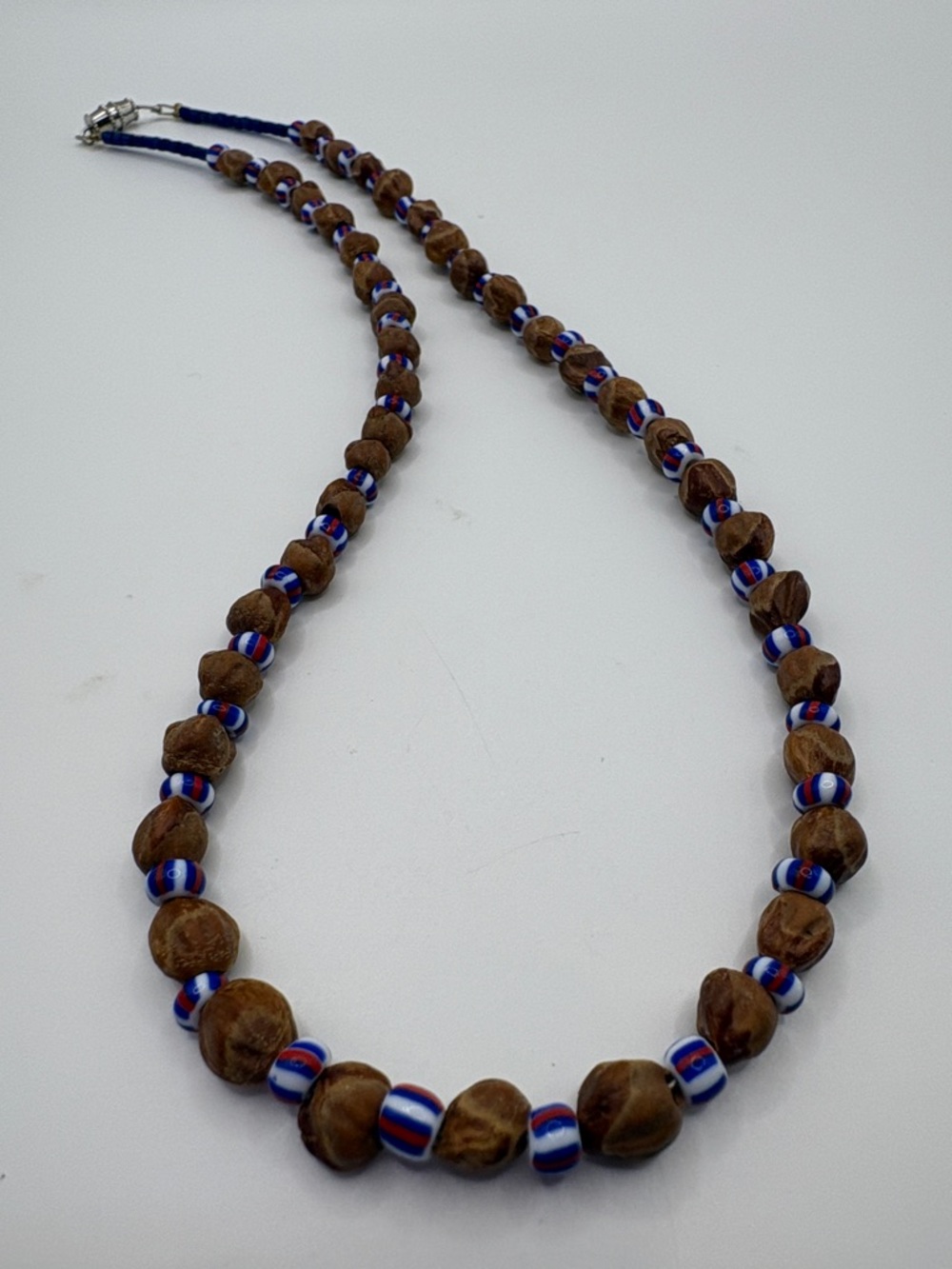 Navajo Ghost Beads Brown Wood Bead with Blue-White-Red Accent Beads 18”